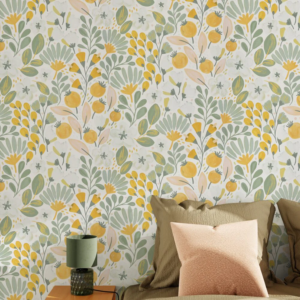 Papier peint intissé SAFIA jaune citron et vert-de-gris