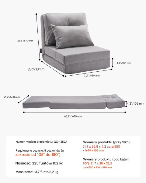 Składany fotel podłogowy regulowany 5-stopniowy sofa szara