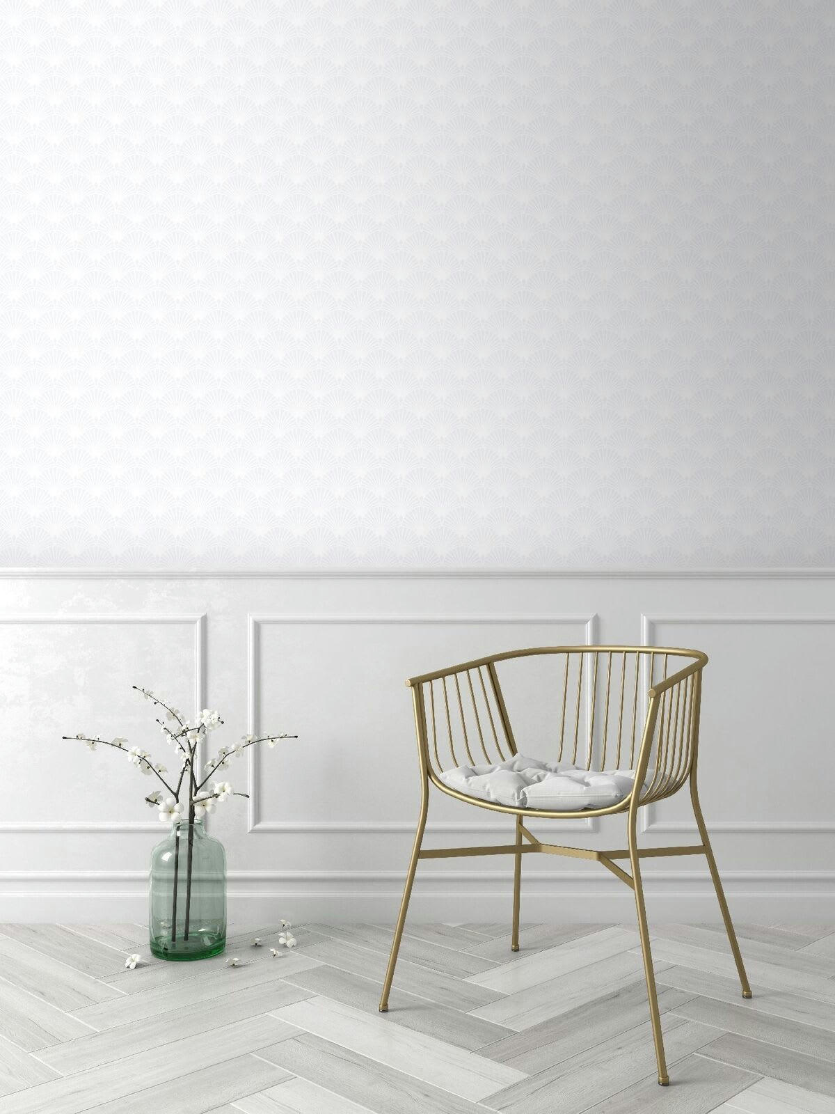 GATSBY - Papier peint intissé Gatsby art déco écailles blanc or 1005x52cm