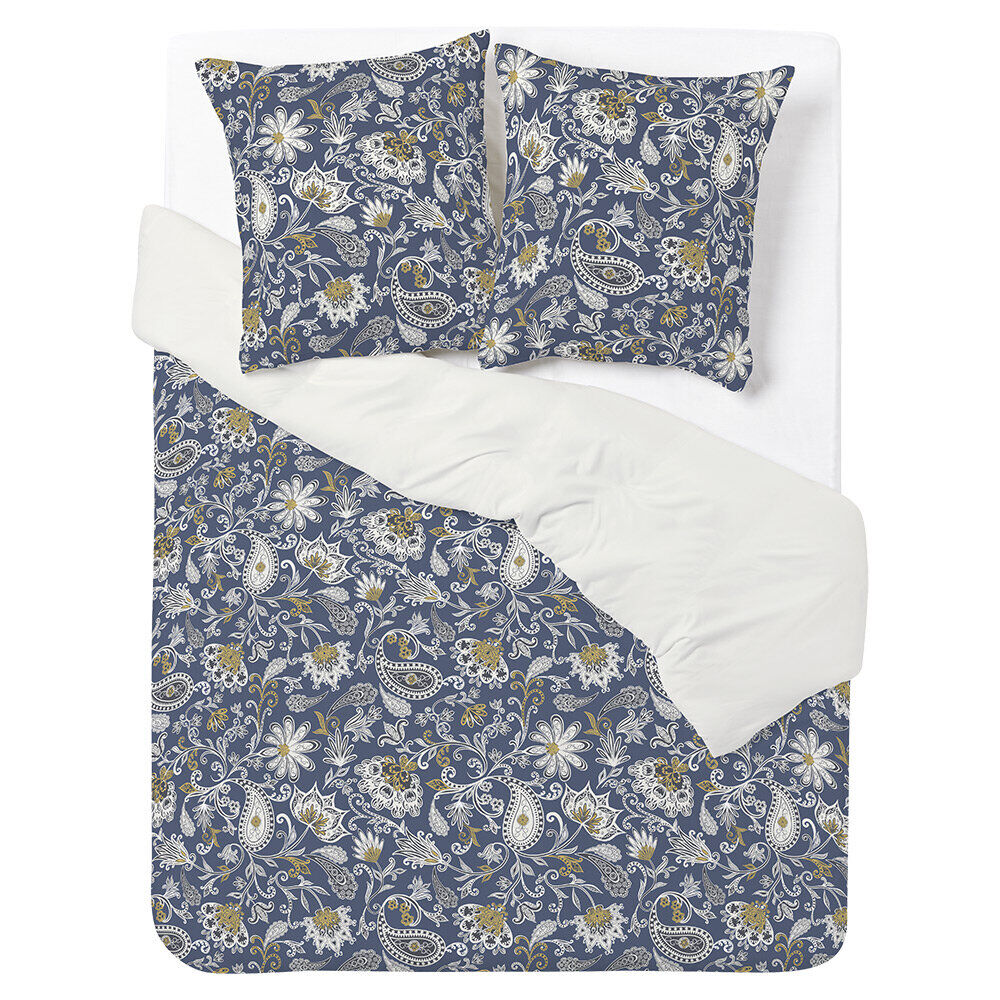 Parure de lit 2 personnes 240x220cm réversible paisley bleu et beige