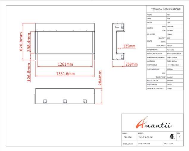 Amantii Smart 50" unit &ndash; 10 5/8" in depth 3 sided glass fireplace