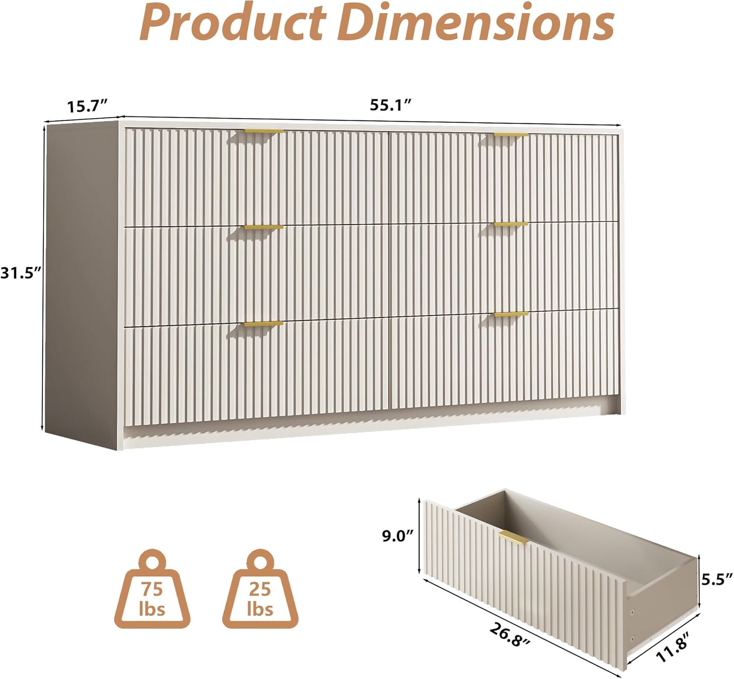 6 Drawer Dresser for Bedroom, 55 Wide Modern Chest of Drawers with Gold Metal Handles, Fluted Wood TV Stand for Living Room, Hallway(Beige)