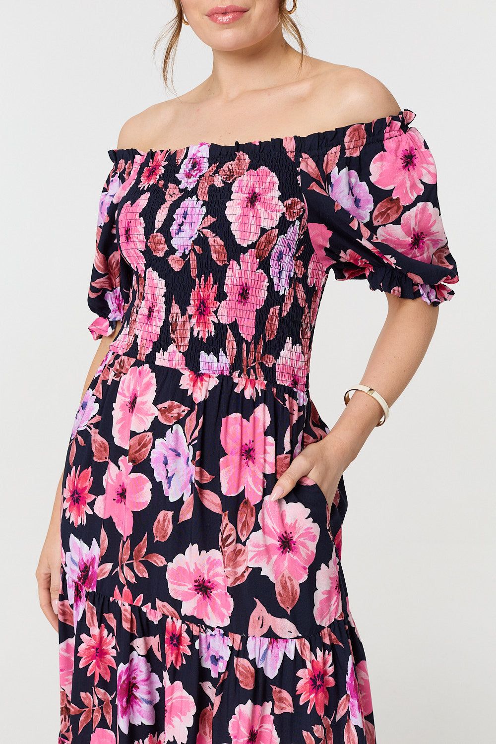 Izabel London Floral Puff Sleeve Bardot Midi Dress