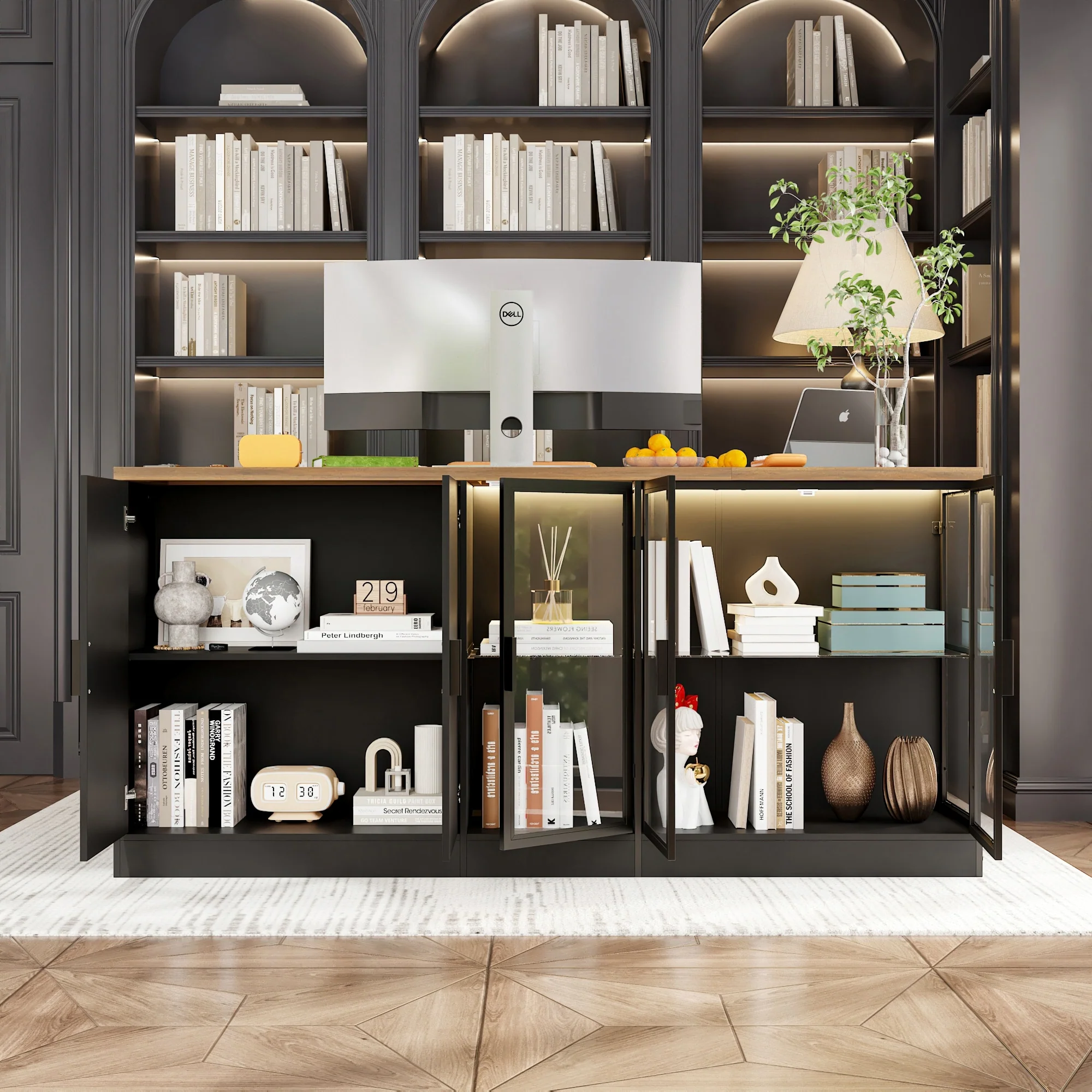 Kitchen Island and Office Desk, Ample Storage, Glass Cabinet & Drawers