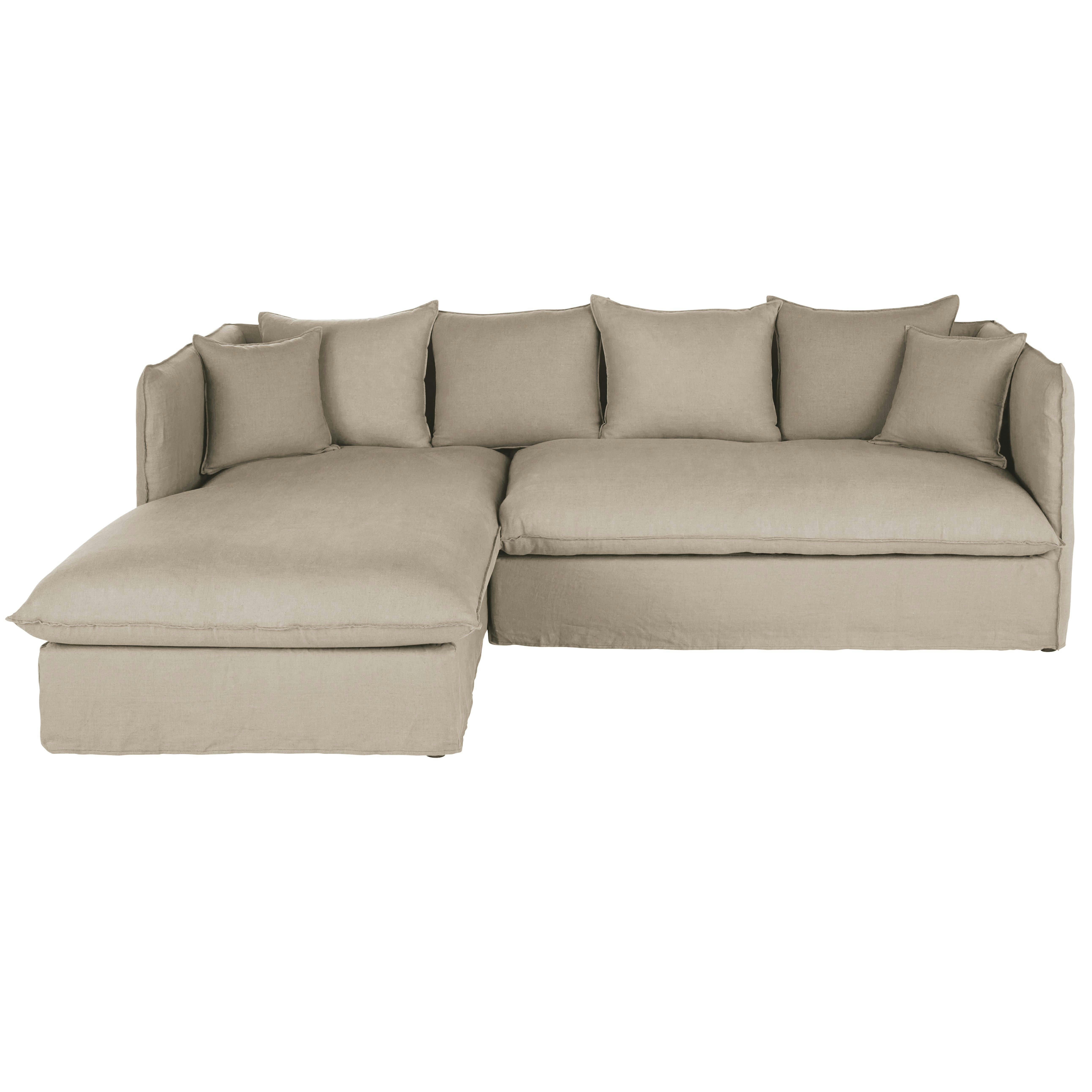 Louvain - Canapé d'angle gauche convertible 3/4 places en lin froissé beige ficelle, matelas 10 cm