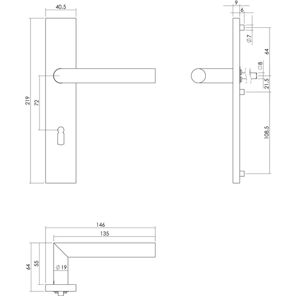 Türdrücker, 219x40,5x9 mm BB72 mm