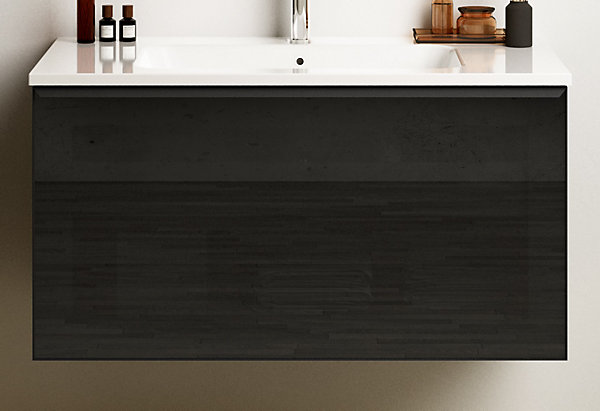 Meuble vasque suspendu noir mat et verre fumé l.90 cm   plan vasque blanc brillant résine, Pura
