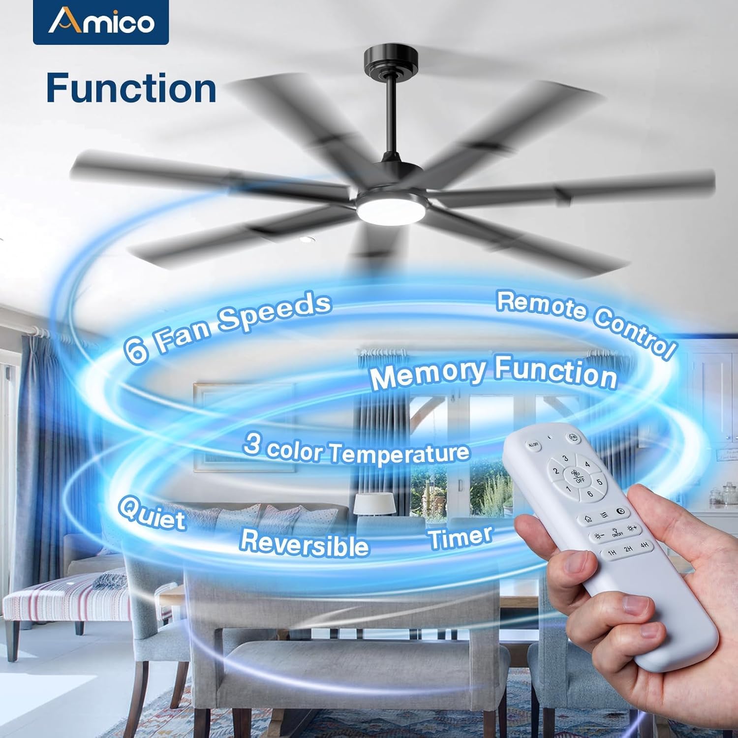 Amico Ceiling Fans with Lights,66 inch Black Ceiling fan with Light and Remote, 6 Speed Reversible DC Motor, 3CCT, Dimmable, Quiet, Timer, Large Modern Ceiling Fan for Living room, Indoor/Outdoor