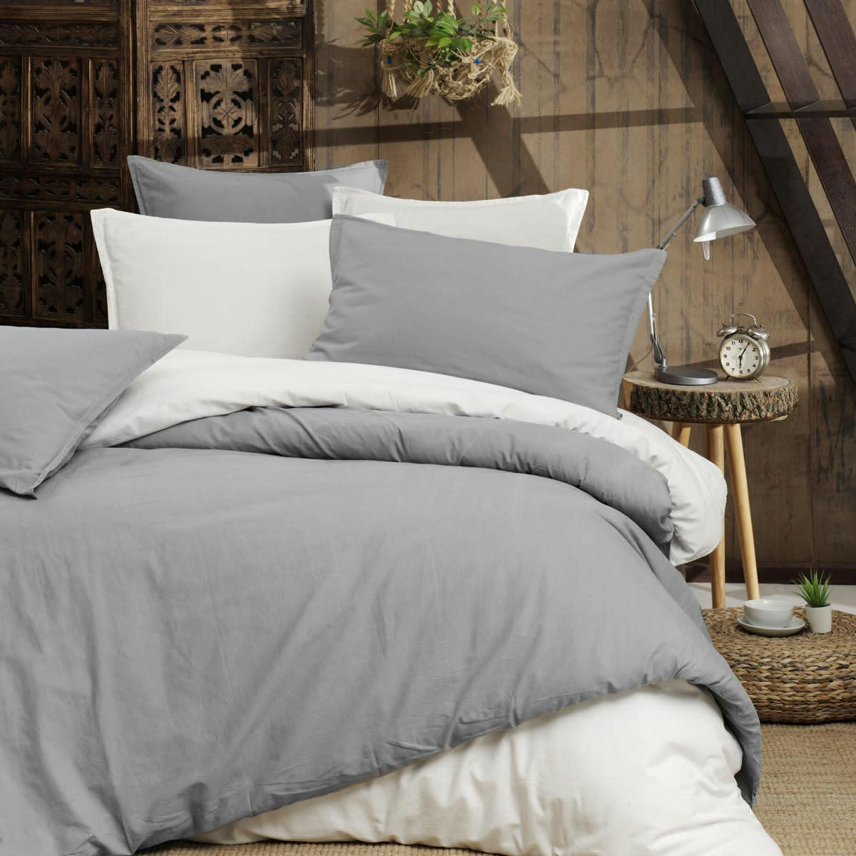 HOME WASHED - Drap housse en percale lavée bonnet 30 cm  gris perle 140x190 cm