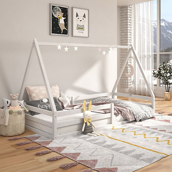 Lit cabane SILA 90 x 200 cm, en pin massif blanc
