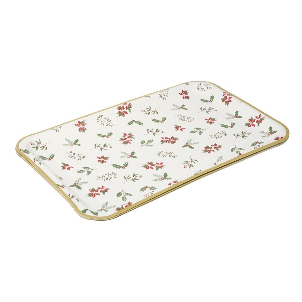 Plateau rectangulaire X8 pcs imprimé houx L30X19XH1,5 cm blanc