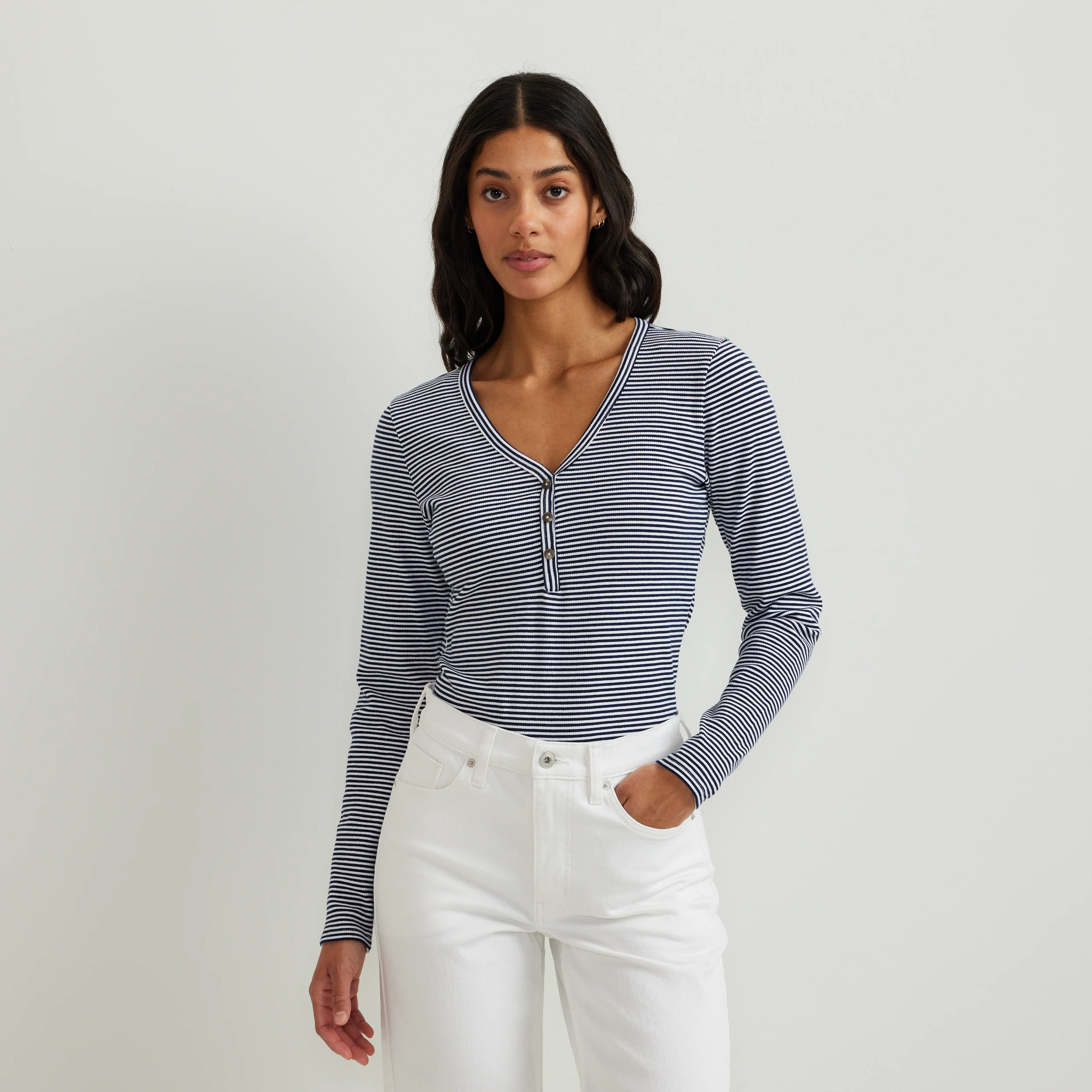 Women's Long-Sleeve Ribbed Henley T-Shirt - Stripe