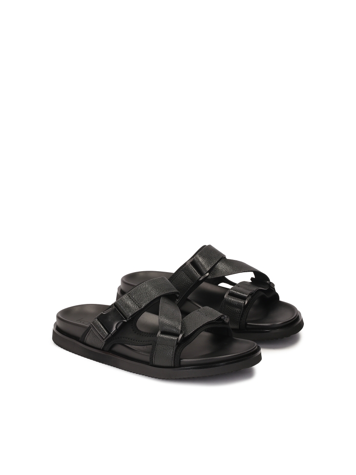 Mens' leather slides in black color