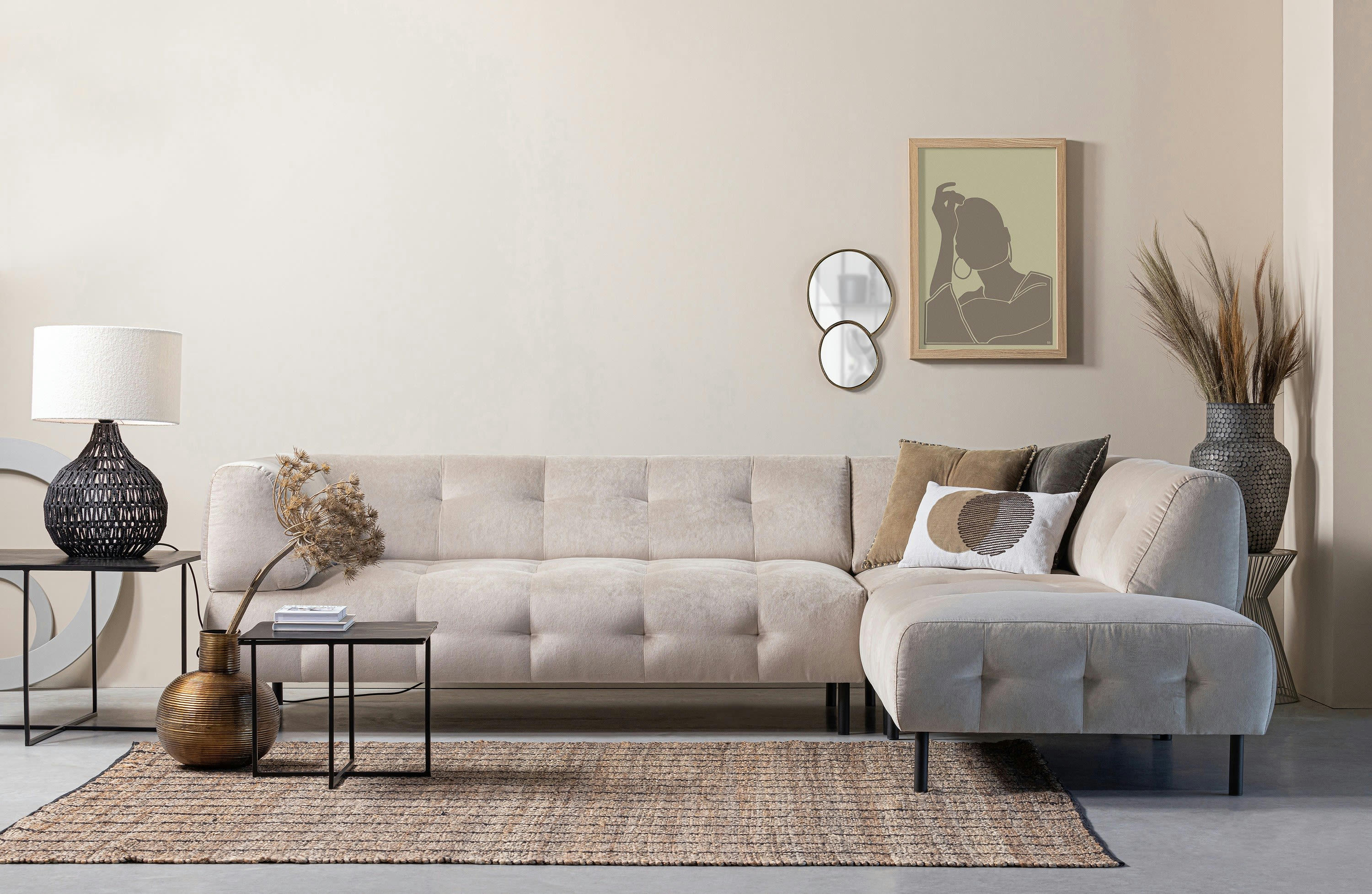 LLOYD - Canapé 3 places d'angle droit en velour crème