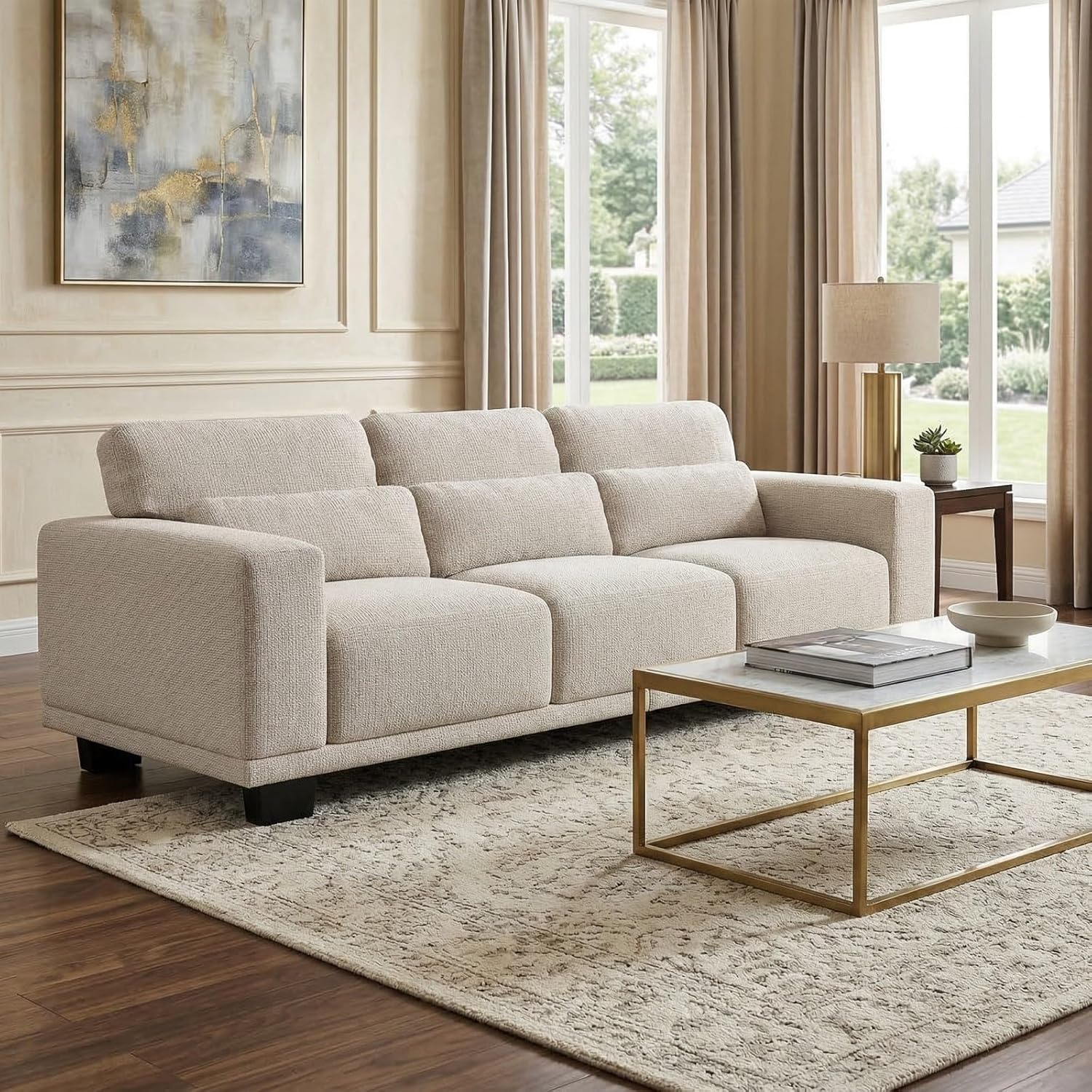 Marsail 89 Sofa Couch, 3-Seater Couches with Wide Armrests & Deep Cushions, Modern Linen Fabric Sofas for Living Room, Comfy Upholstered Couch with Removable Washable Covers, Beige