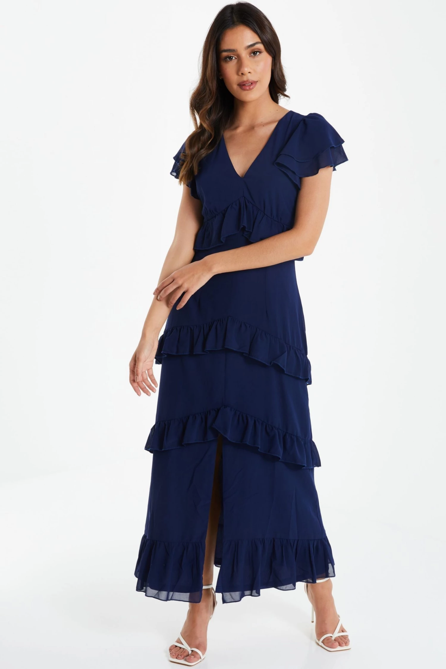 Quiz Navy Blue Frill Layered Midaxi Dress
