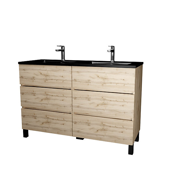Ensemble sous vasque à poser effet chêne naturel 6 tiroirs   vasque double noire, l.120 cm, Galedo Timber