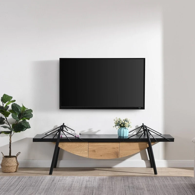 70.87 Modern Entertainment Center with Drawer, Wood Sailboat-Shaped TV Stand Media Console Table