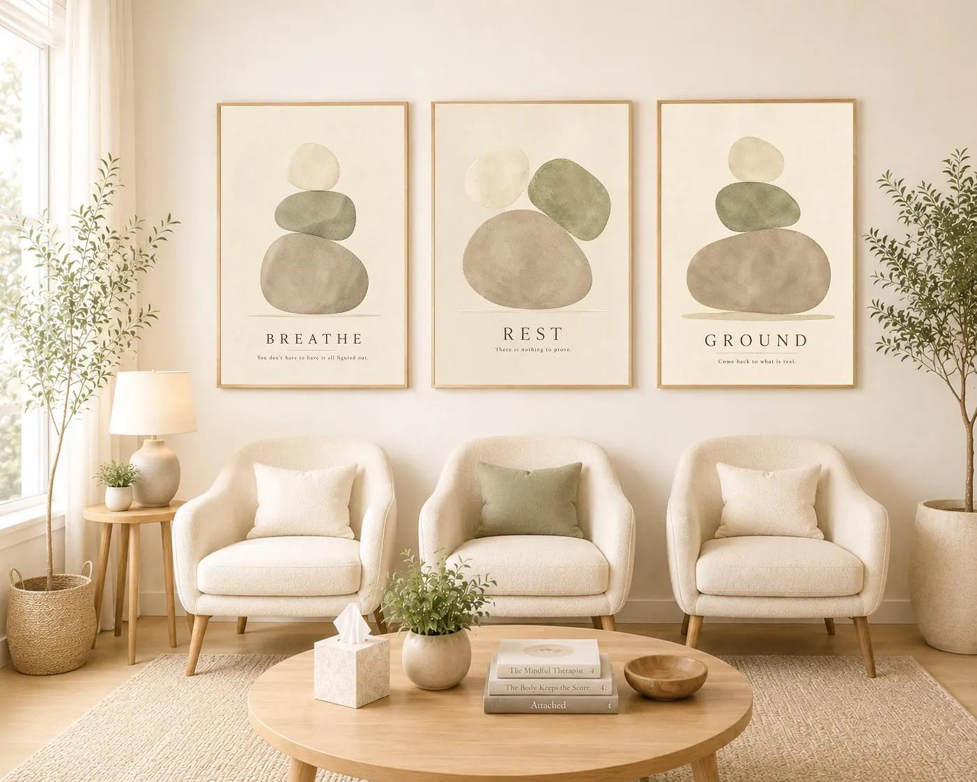 Mindfulness Wall Art Set of 3, Therapy Office Decor, Counseling Office Decor, Meditation Room Decor, Zen Stone Prints