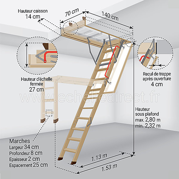 Echelle escamotable bois - Trémie de 70 x 140cm - Hauteur de 2.32 à 2.80m - LWK70140-2