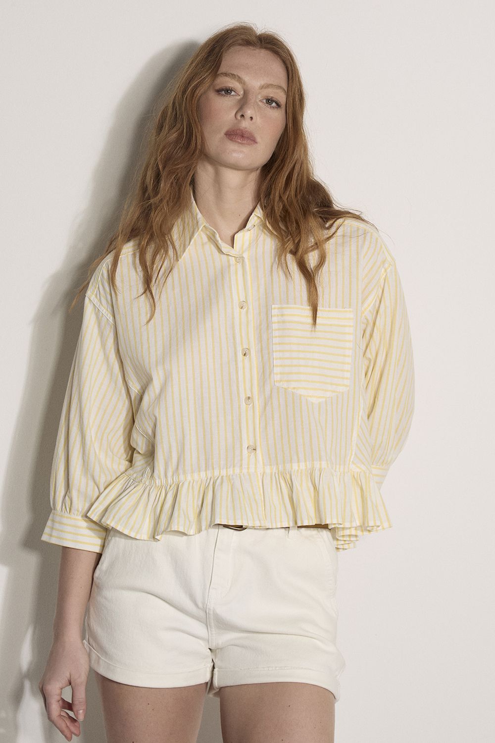 Apricot Cotton Stripe Ruffle Hem Shirt