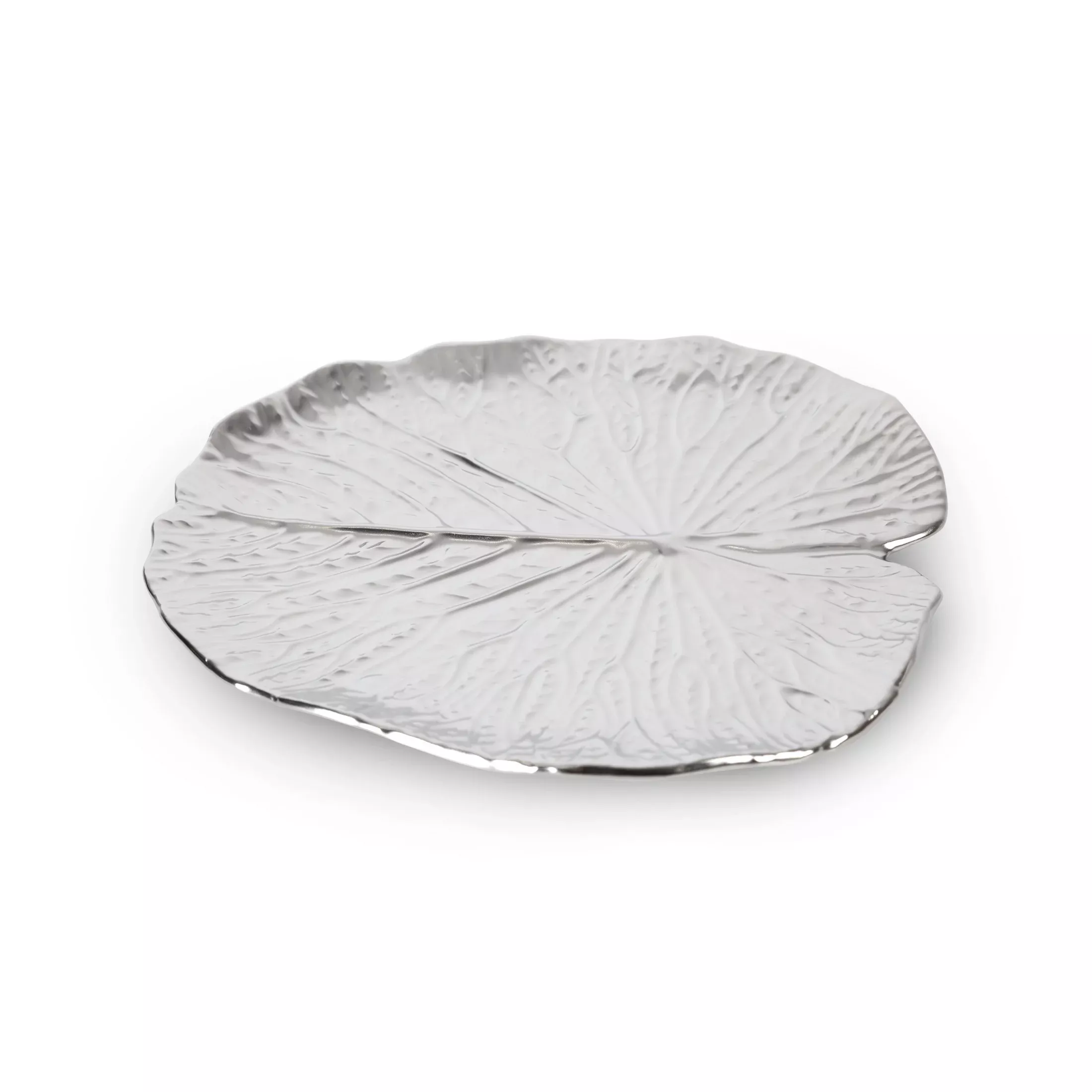 Patera ceramiczna dekoracyjna srebrnaw formie liścia z wytłoczeniami 27x27x2 cm KALINA