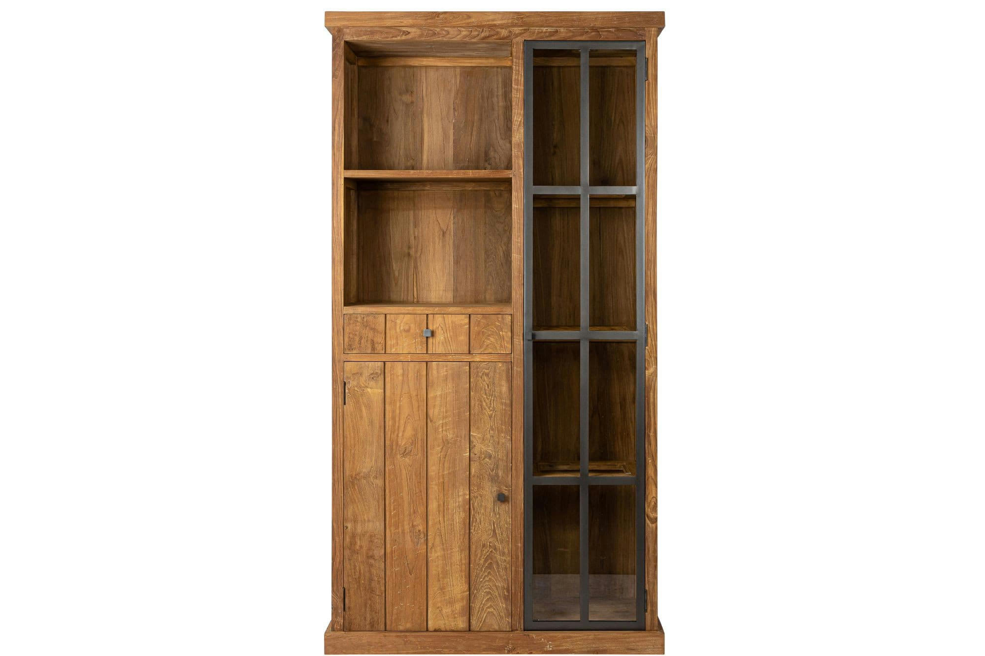 LINAS - Vitrine en bois recyclé et métal 2 portes 2 tiroirs 2 niches ouverte