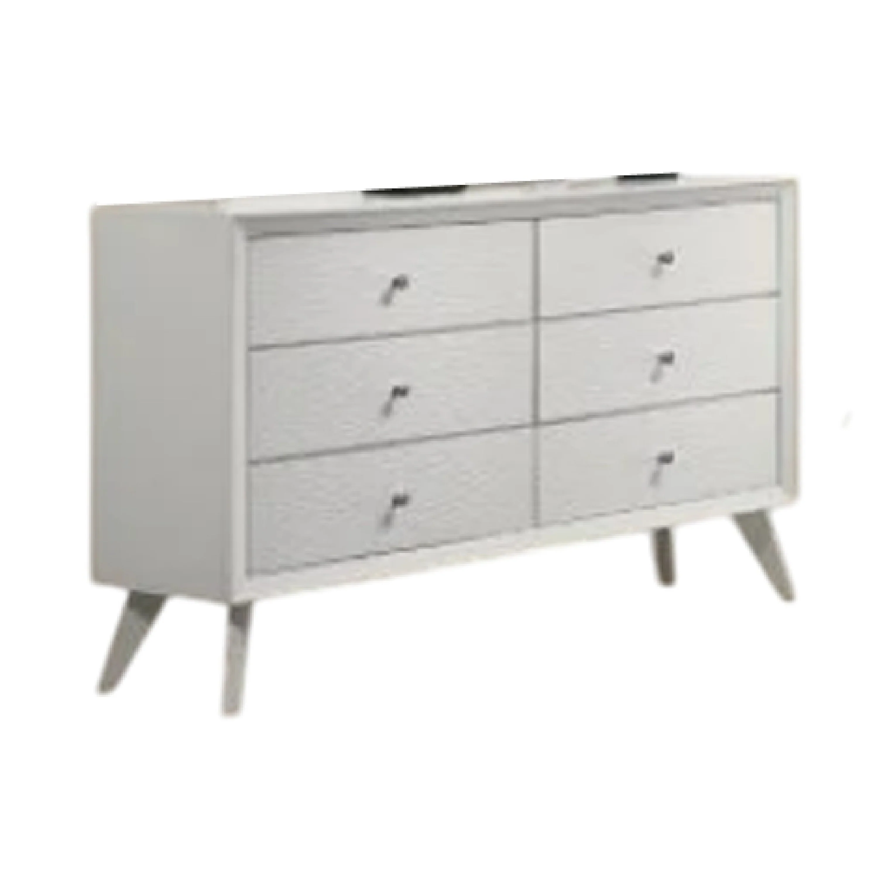 Tory Wide Dresser, 6 Drawers w Bronze Knobs, Textured White Wood