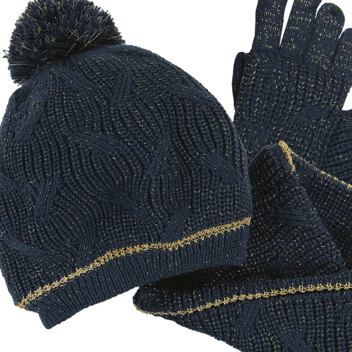 Ensemble bonnet à pompon + snood + gants