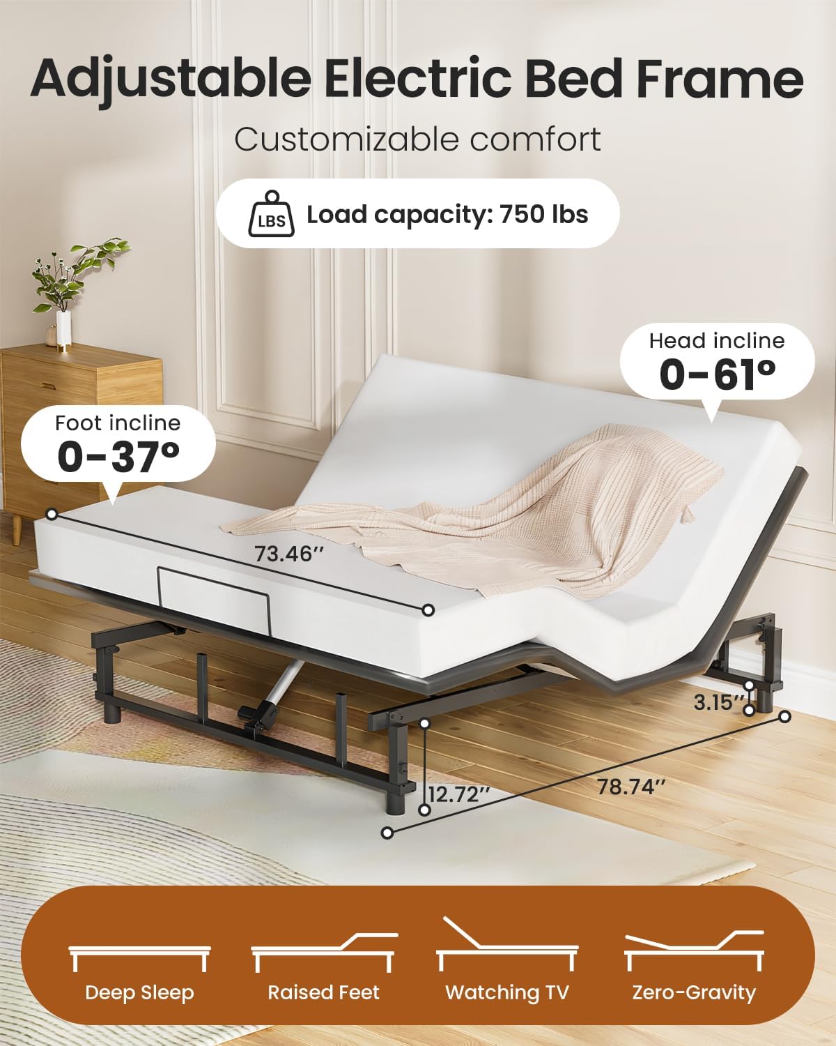 King Adjustable Bed Base Frame with Wireless Remot, Easy Installation, Heavy-Duty Steel Frame, Whisper-Quiet Motor, Head & Foot Lift, Zero Gravity & Anti-Snore Modes Comfort (79 L x 74 W x 12.72 H)
