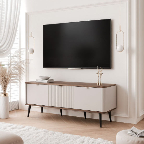 Szafka RTV NAVANI 130 cm z ryflowanym frontem kaszmir/orzech
