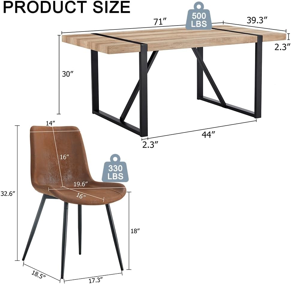 Dining Table Set for 6, 71'' Wood Dining Table and Chairs Set of 6, Modern Rectangle Wood Table, Fabric Dining Chairs 6, Suitable for Home, Kitchen, Dining Room, Living Room