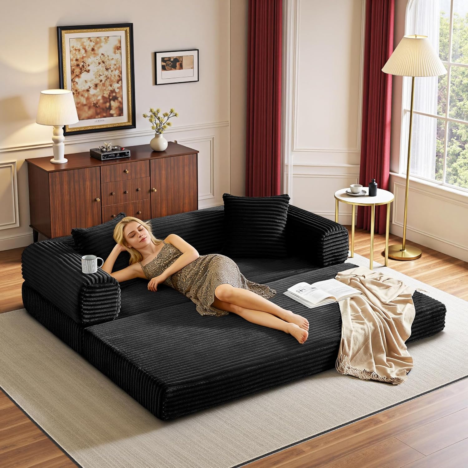 Boneless Couch Versatile Couches for Living Room No-Install Sofa Bed Corduroy Futon Soft Cloud Couch with Pillows for Bedroom Game Movie (Black, 76)
