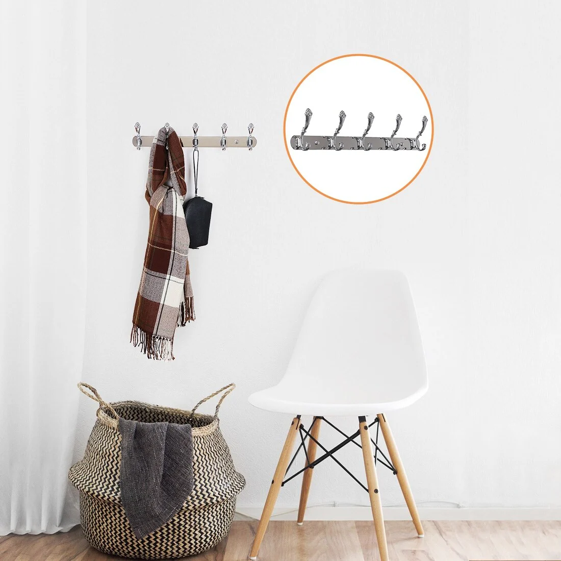 Dual Wall Hook Stainless Steel Base 17.5 Inch 5 Hooks Towel Holder - Silver