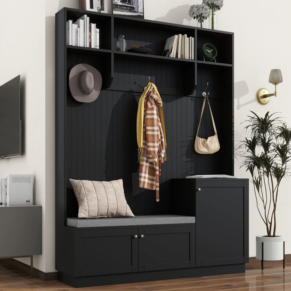 Modern Hall Tree with Shoe Cabinet, Bench and Hooks