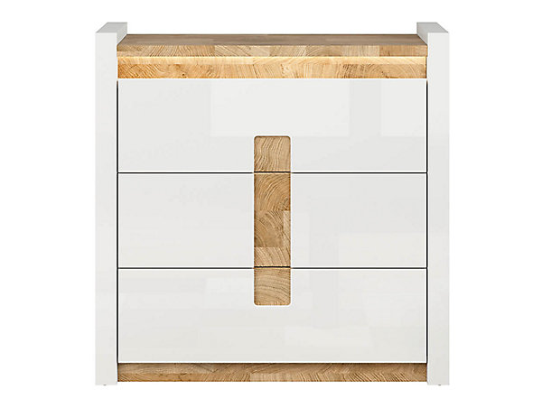 Commode à 3 tiroirs meuble de rangement avec éclairage LED, coloris Blanc brillant/Chêne clair - L. 97 x P. 41 x H. 96,5 cm