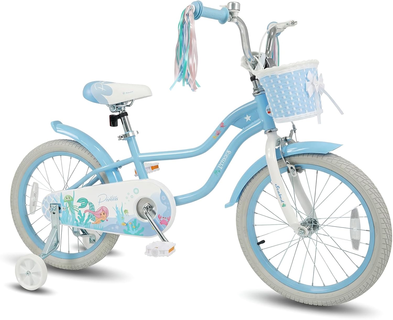 BABY JOY Kids Bike, 12 14 16 18 Mermaid Girls Bike for 3-8 Years Old w/Basket, Training Wheels, Hand & Coaster Brakes, Adjustable Seat & Handlebar, 20 Children Bicycle with Kickstand for 8+
