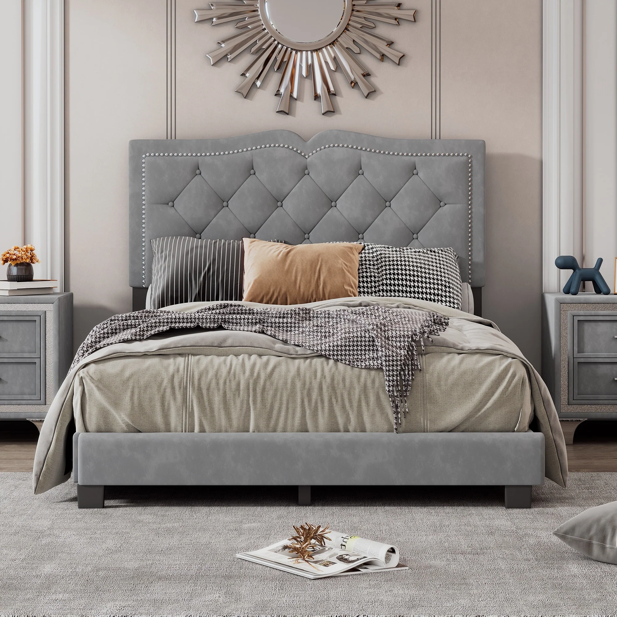 Full Size Velvet Upholstered Platform Bed with Tufted Headboard and Rivet Design