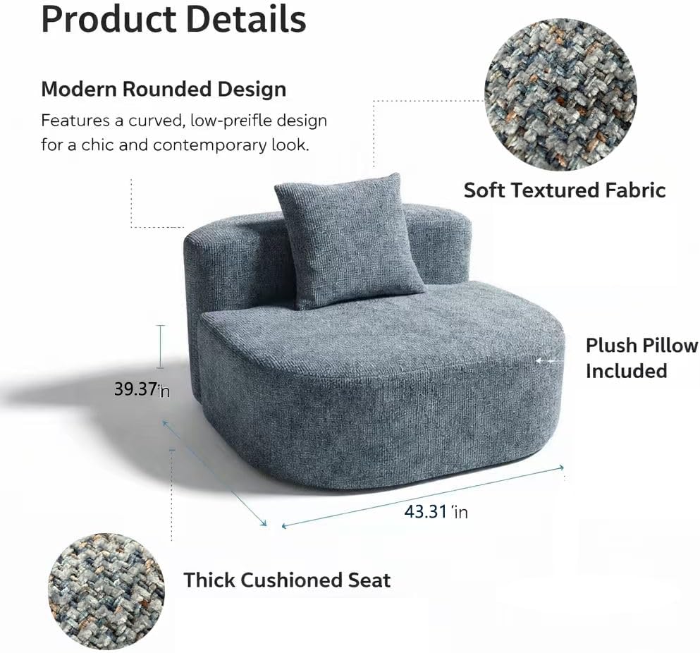 Modern Minimalist Ocean Blue Round Accent Chair, Oversized Single Compression Lounge Sofa with Pillow