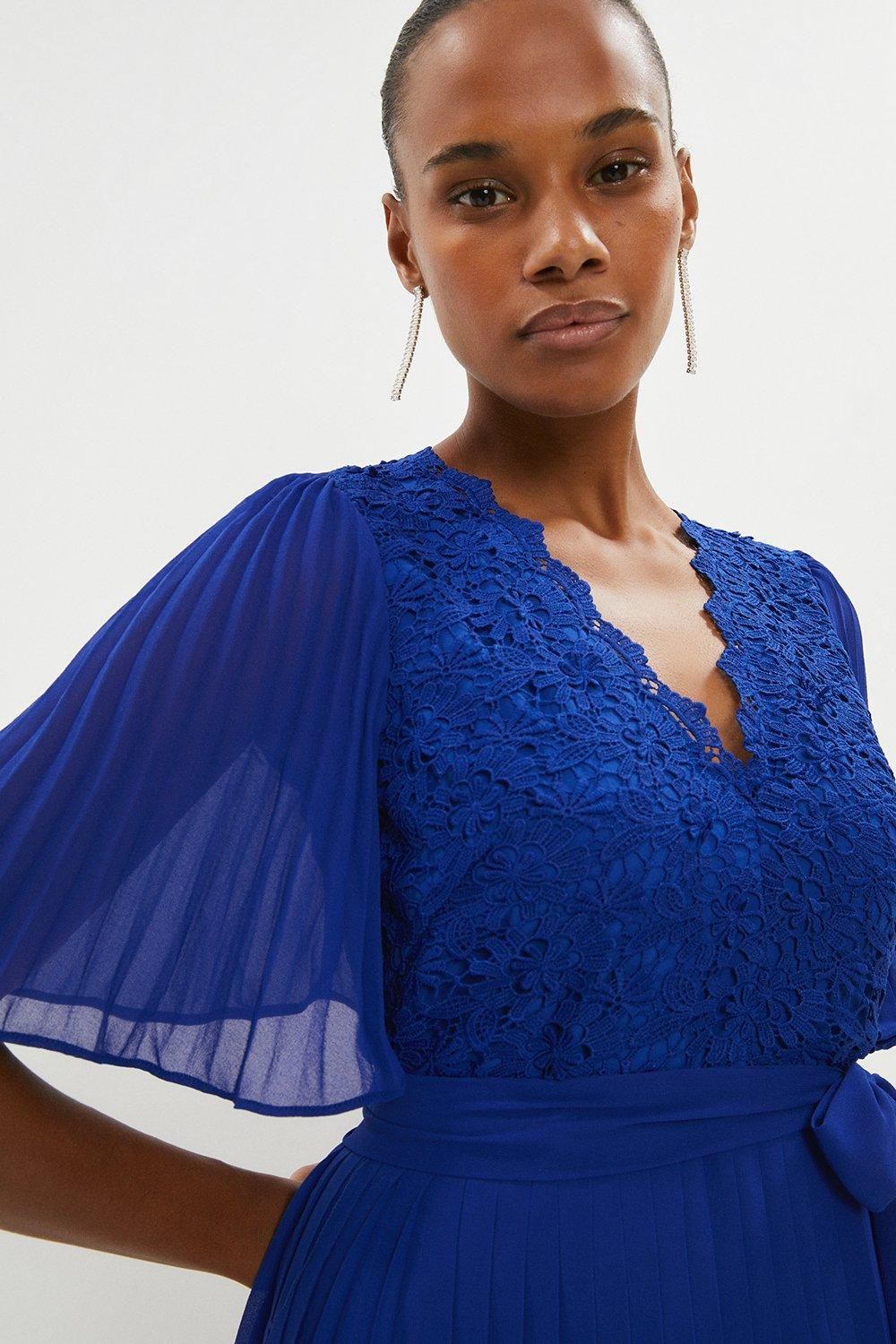 Coast Pleated Angel Sleeve Lace Bodice Midi Dress