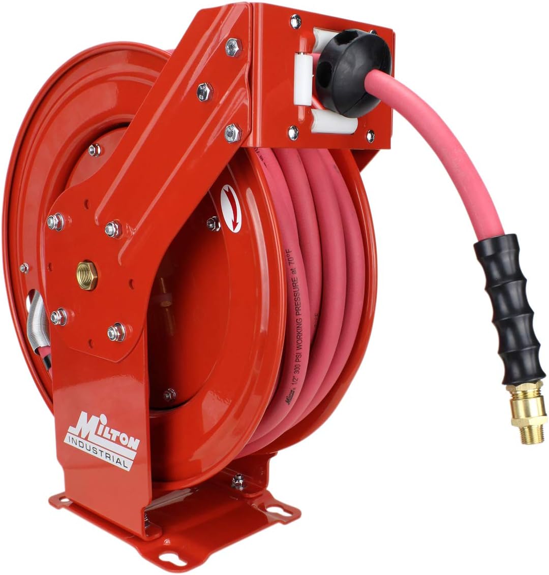 MILTON Industrial Hose Reel 2790-50D  Auto Retractable  Chemical Resistant  Prevent Cracking  Flexible in Extreme Conditions 1/2” Hose ID  50 Foot Rubber Hose  300 PSI Max Pressure 1/2 Male NPT  Red