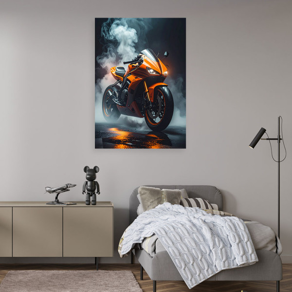 Obraz nowoczesny do pokoju młodzieżowego, Pomarańczowy Motocykl 20x30