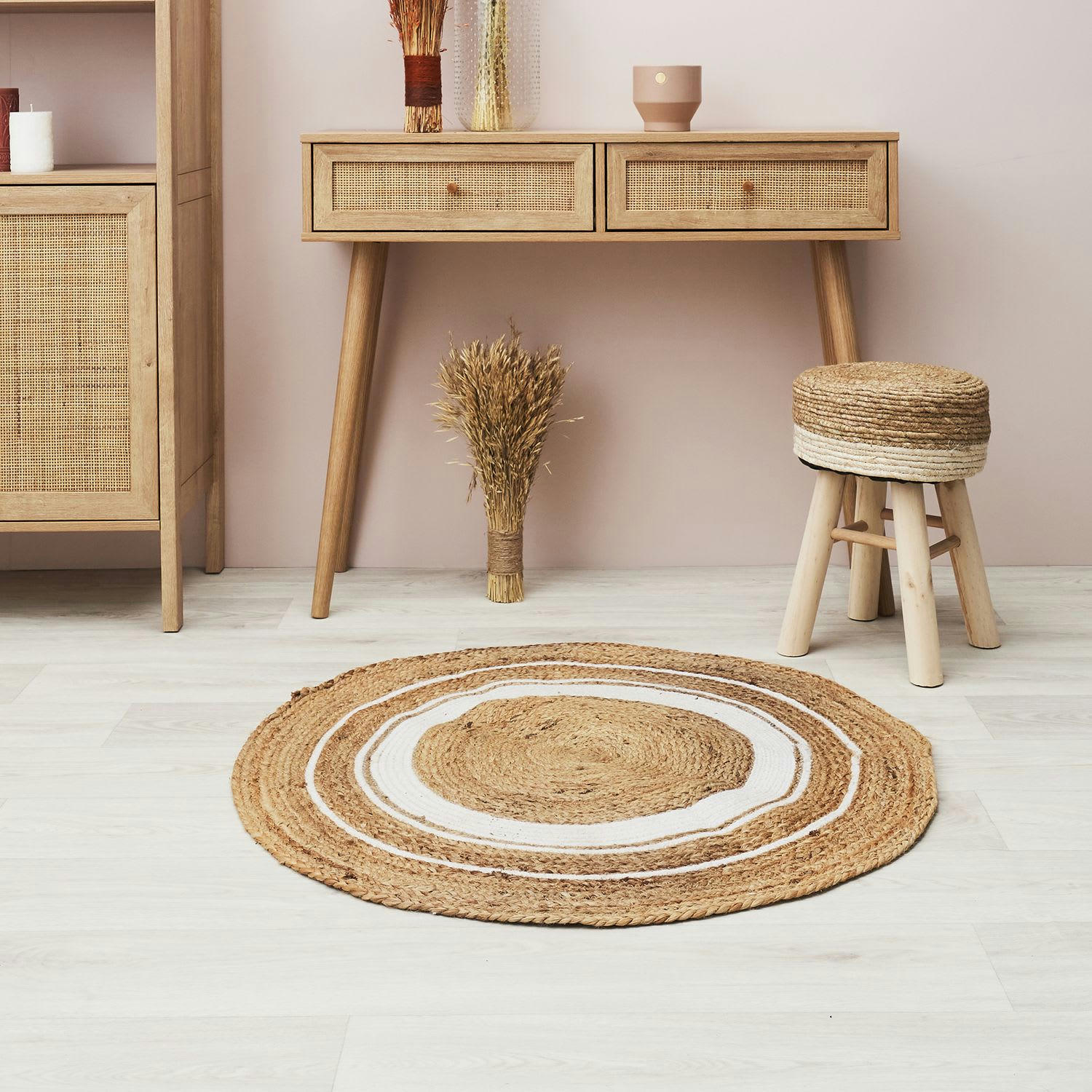 - Tapis rond en jute et coton imprimé blanc d. 90 cm