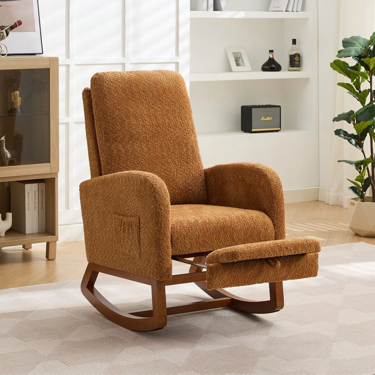 Mid-Century Modern Nursery Rocking Armchair Glider Rocker With Retractable Footrest For Living Room