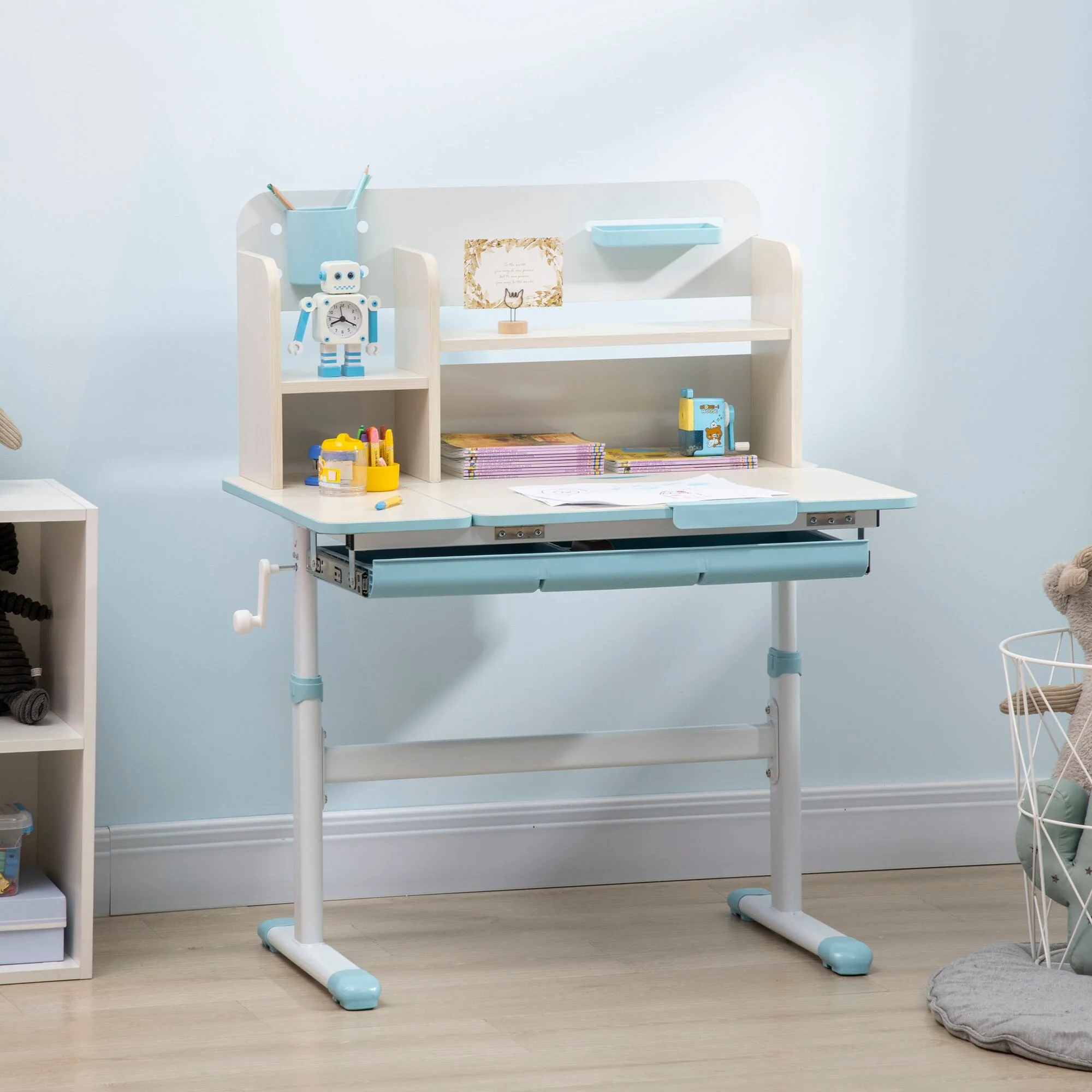 Height Adjustable Kids Writing Desk with Tilt Top, Drawer, and Storage Shelves, Ideal for School and Art Projects