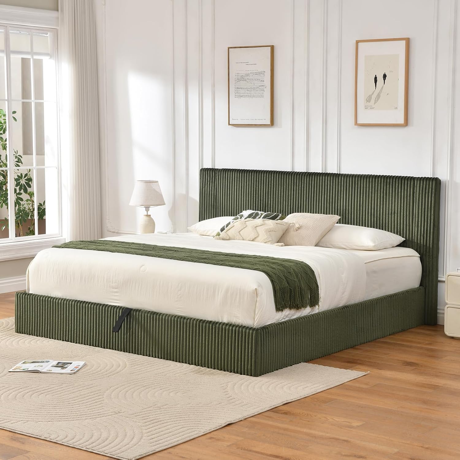 YUHUASHI King Size Storage Bed Frame, Vertical Striped headboard with Delicate Velvet Fabric, Hydraulic Lift for Storage, no Box Spring Needed, no Noise (Green, King (U.S. Standard))