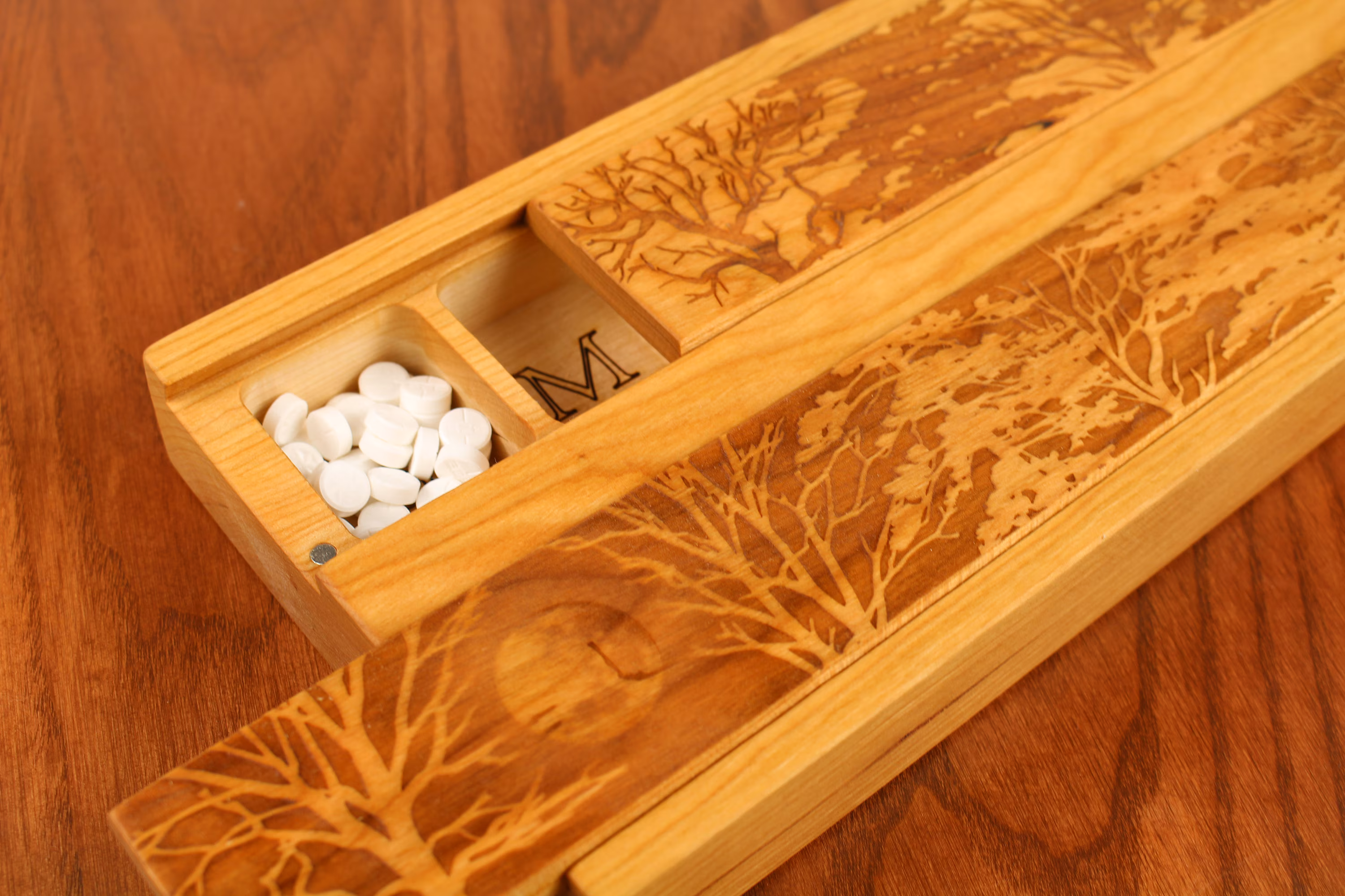 JUMBO Double Day/Night Weekly Pill Box, Forest Moon/Forest Birds, Solid Cherry Hardwood, Lacquer/Oil Finish, Paul Szewc, Masterpiece Laser