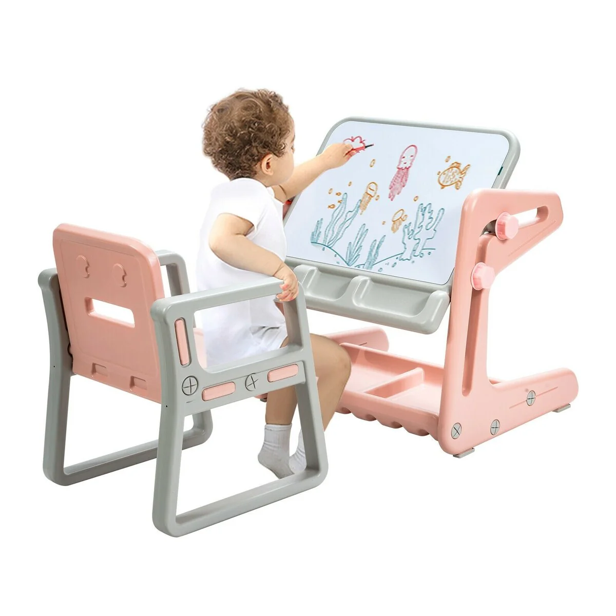 2 in 1 Kids Easel Table and Chair Set with Adjustable Art Painting Board - 23.5 x 19 x 21.5-26 (L x W x H)