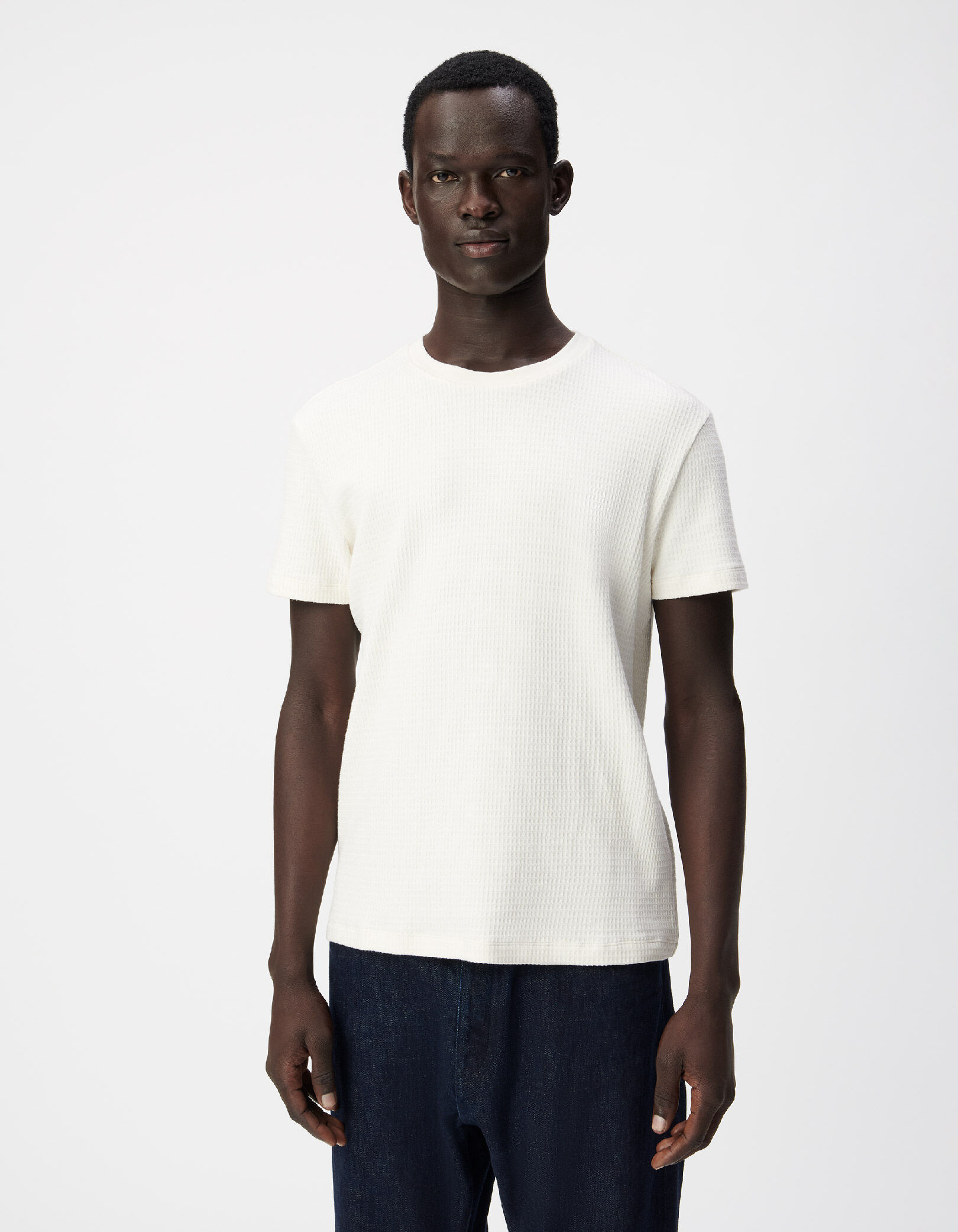 T-shirt col rond écru coton bio avec relief Homme