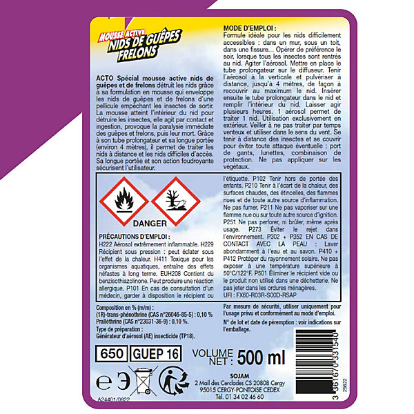 Aérosol mousse active nid de guêpes et frelons Acto